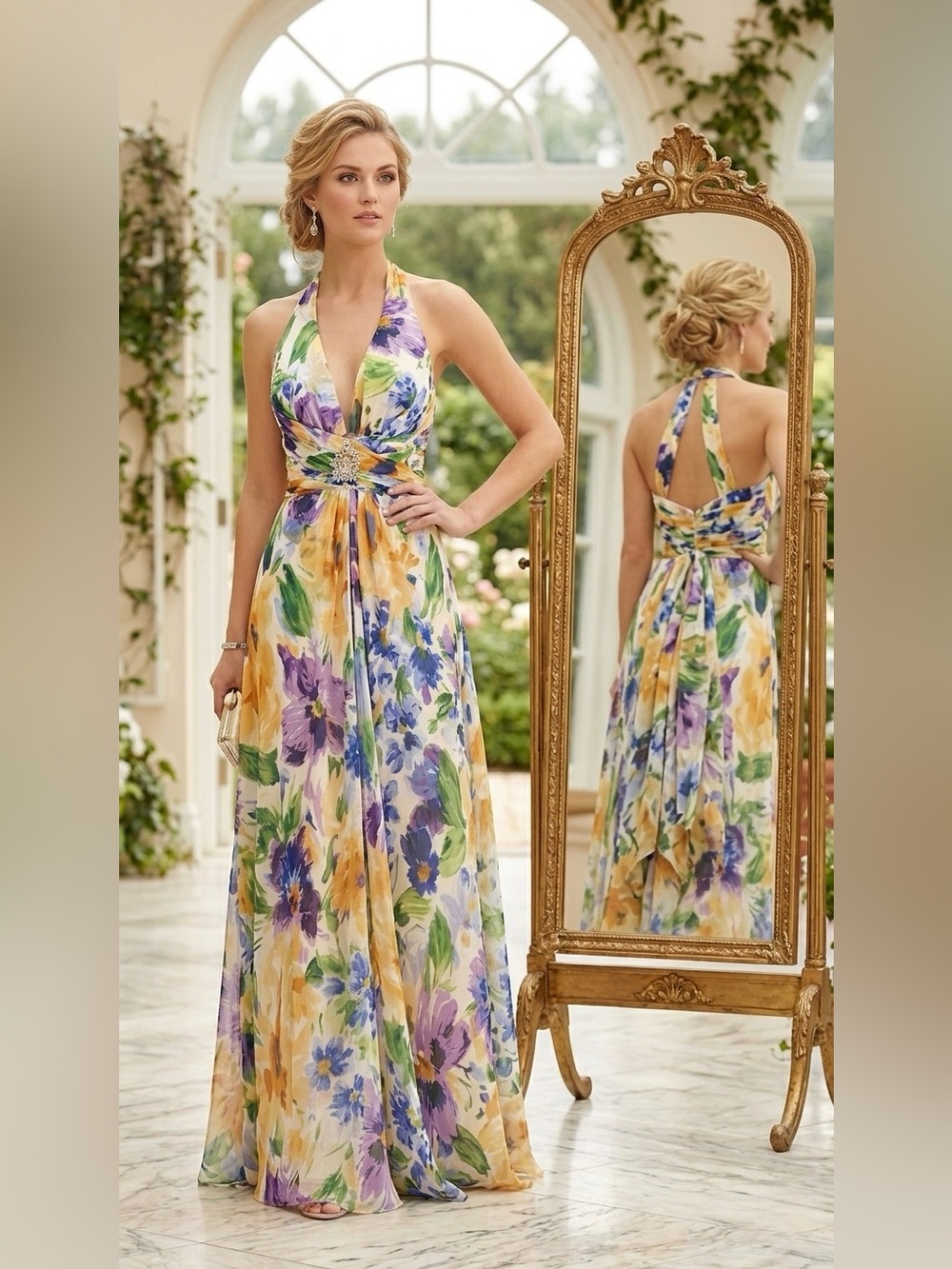 Donna Ricco Women 12 Floral Maxi Dress Gown Backless Formal Wedding Bridesmaid